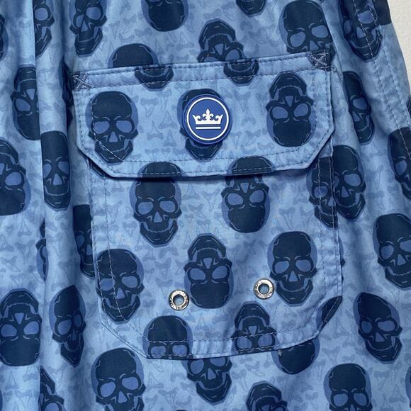 PETER MILLAR Seaside Swim Trunks Skull & Shark Tooth Print Mens Sz M Blue Beach - Picture 5 of 10